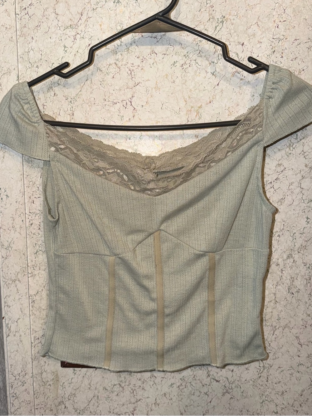 Lace-Trim Off-Shoulder Ribbed Camisole - Sage Green
